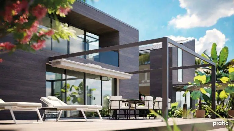 Cabrio Lamellendach, Terrasse mit Liegen, modernes Wohnhaus