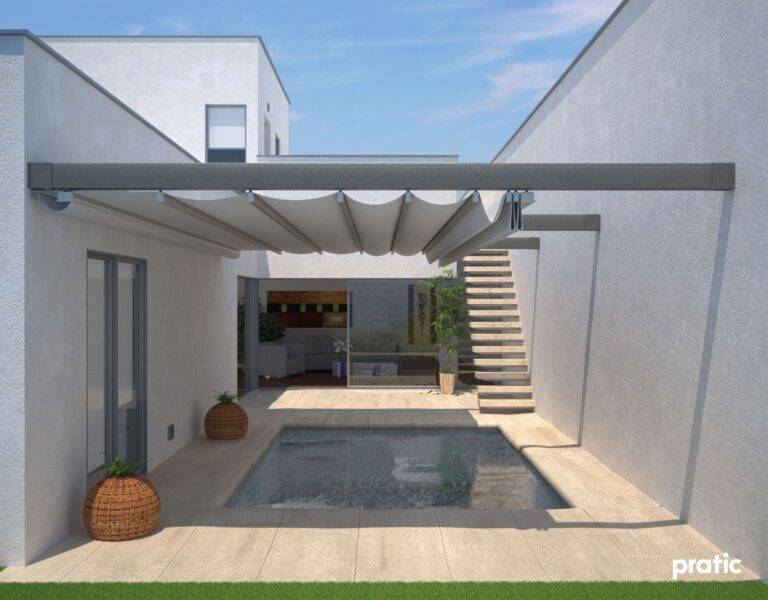 Die Pratic Pergola One von Meinlamellendach.de ist eine moderne und attraktive Sonnenschutzlösung für Ihr Zuhause.